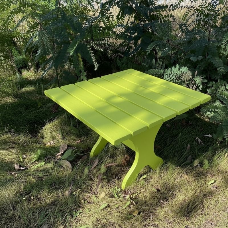 24" Square Side Table in a natural outdoor setting with greenery - clear cedar - golden glossy in a natural setting with greenery - poly luxe - lime green