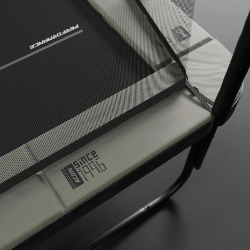 Top corner view of ACON 13 HD Pro Rectangular Trampoline showcasing logo