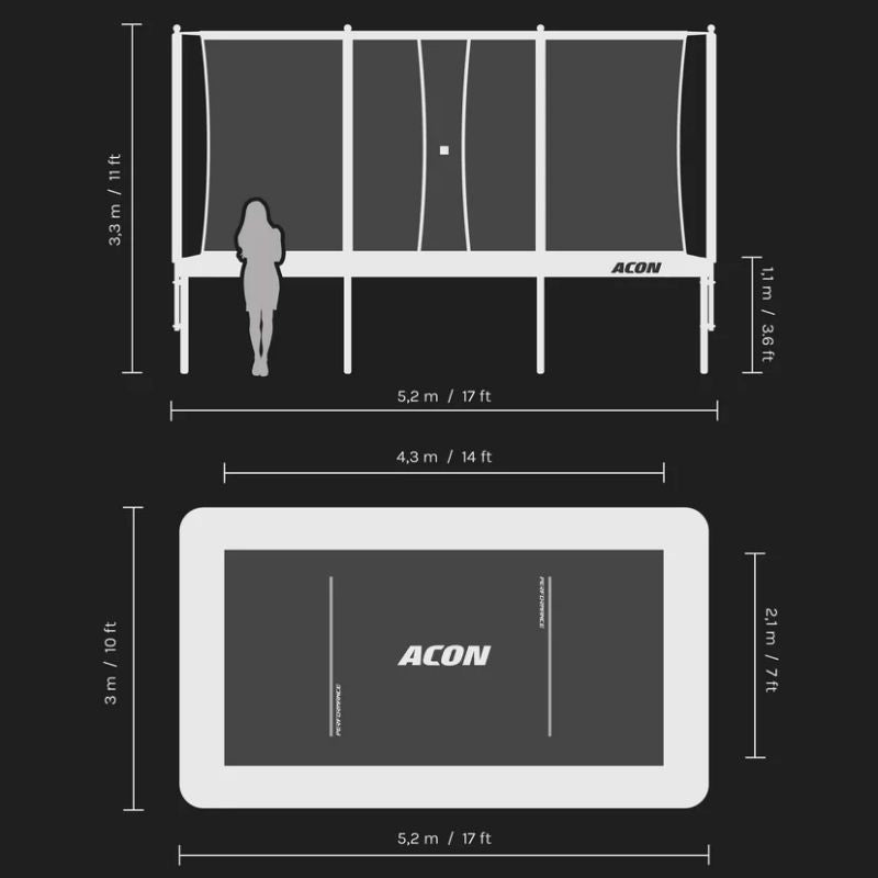 ACON 16HD Pro Rectangular Trampoline with Net and Ladder - Detailed dimesion display