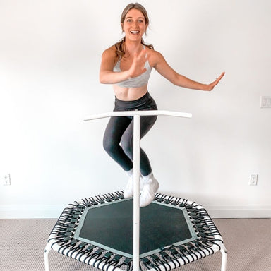 ACON FIT 1.41m Hexagon Rebounder White Fitness Trampoline with Handlebar - Woman Bouncing  Indoor Set Up