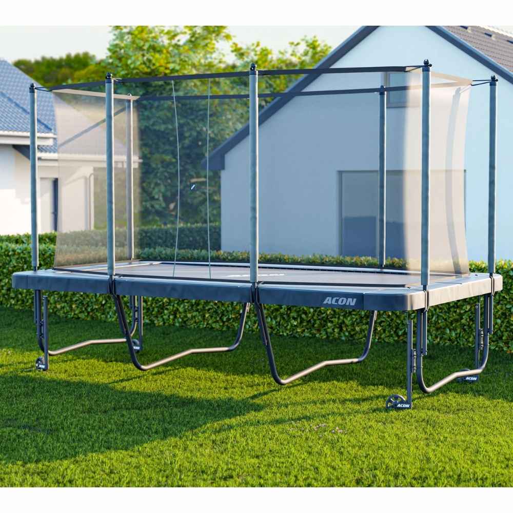 A rectangular trampoline lifted up with Acon trampoline wheels.