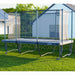 A rectangular trampoline lifted up with Acon trampoline wheels.