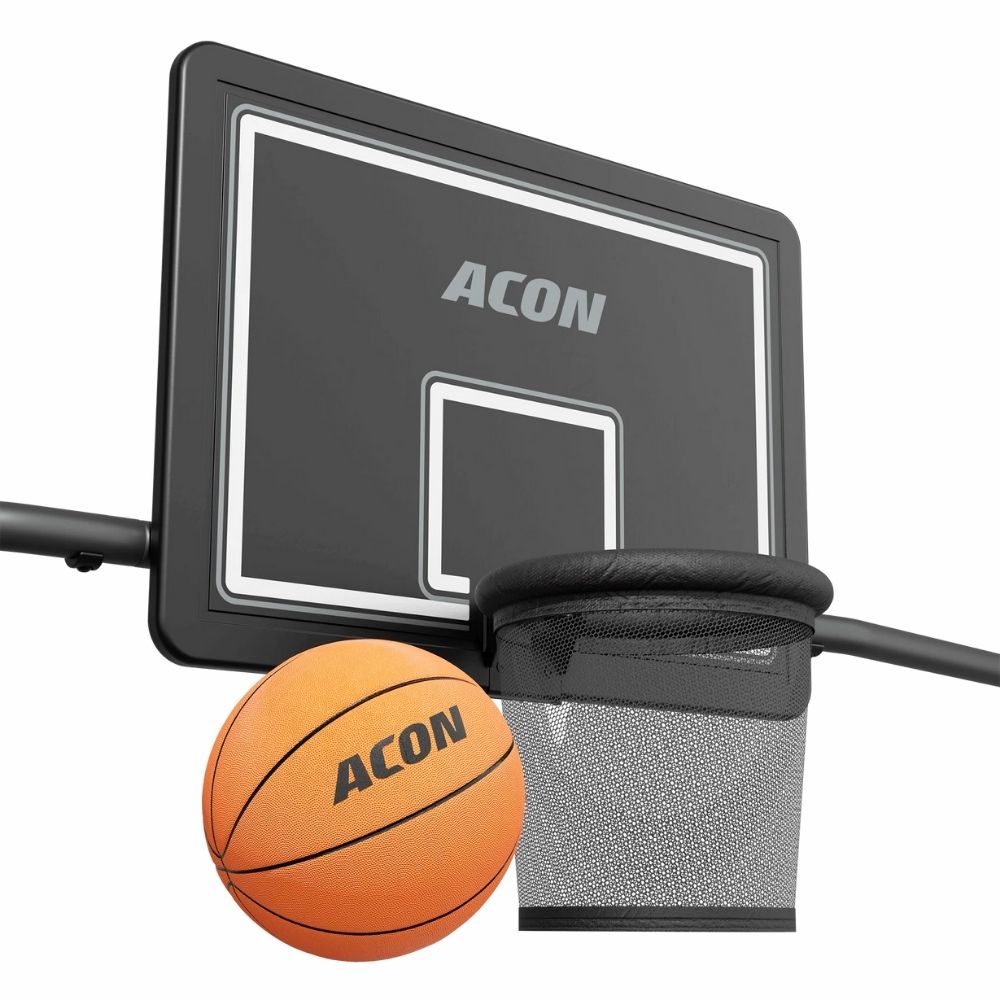 Close-up of the Acon X Trampoline Basketball Hoop and basketball.