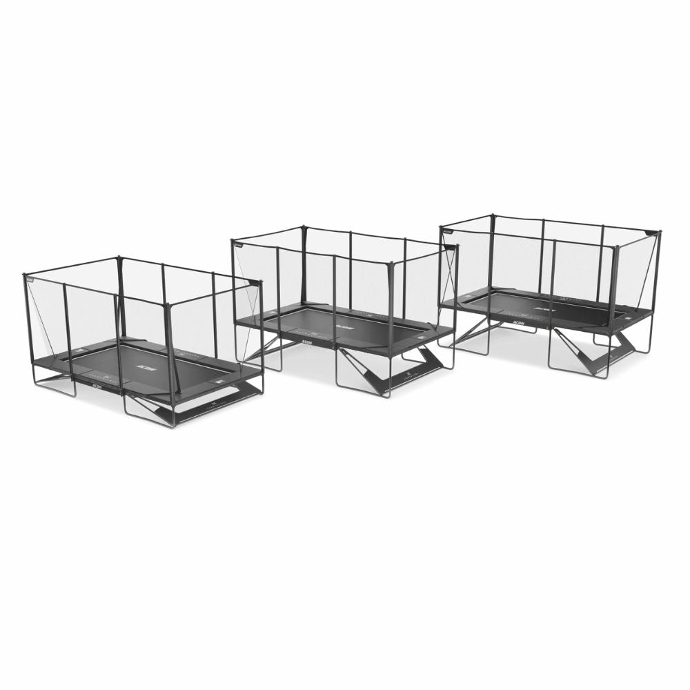 Three Acon X Trampolines installed to different heights with the Height Kit, seen from above.