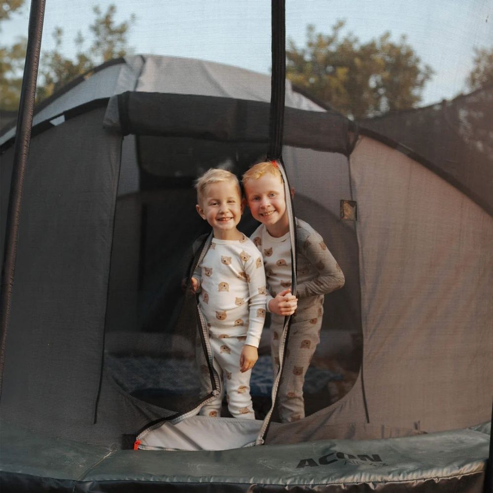 Acon trampoline tent with premium exterrior safety net doors open