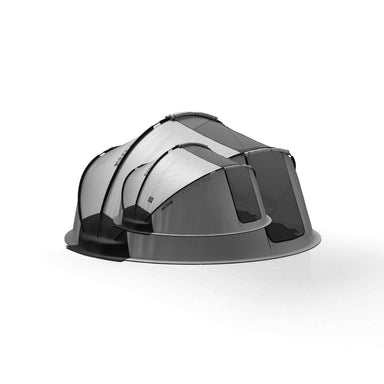 Image of the round Acon Trampoline tent, with door and windows open, silhouetted against white background.