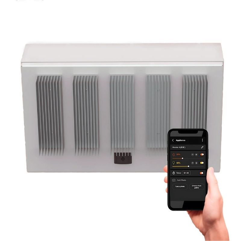 Smart heat eclipse controller, five channel with a hand holding a smartphone displaying app controls on a white background