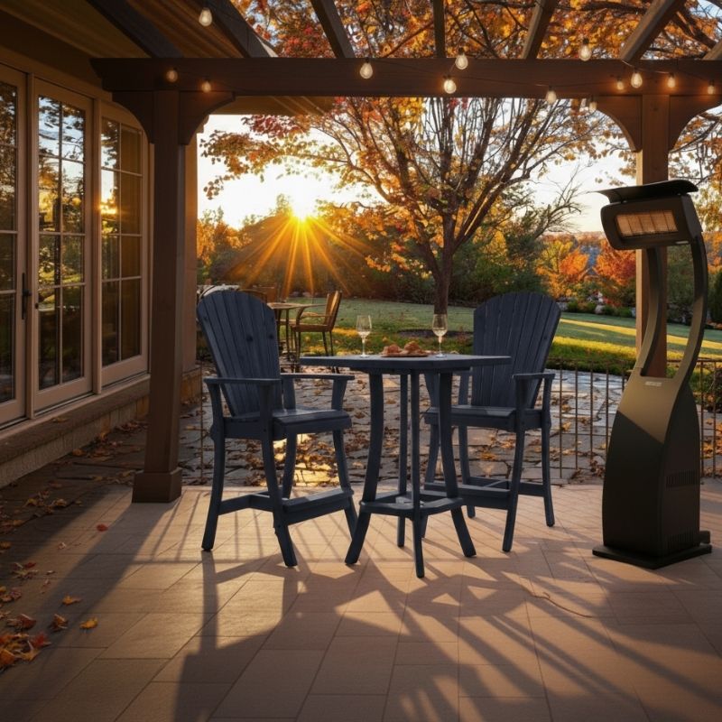 Outdoor setting of Patriot Blue Bistro Set Comfort Bundle on a deck during sunset.