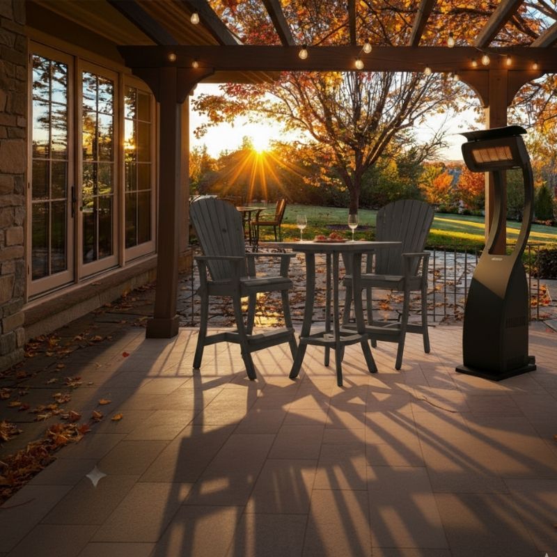 Outdoor setting of Dark Grey Bistro Set Comfort Bundle on a deck during sunset.
