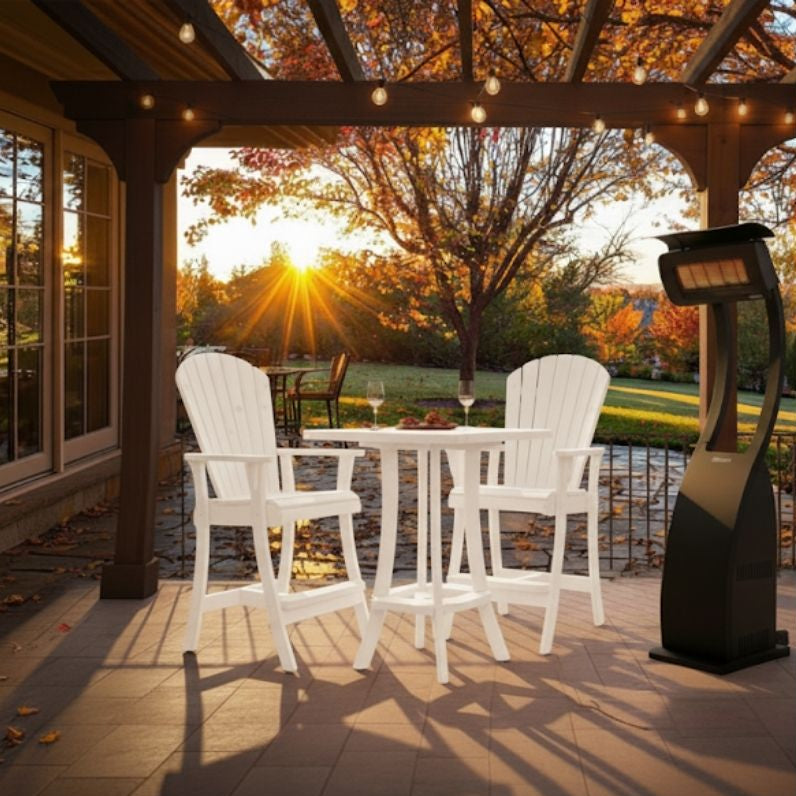 Outdoor setting of White Bistro Set Comfort Bundle on a deck during sunset.