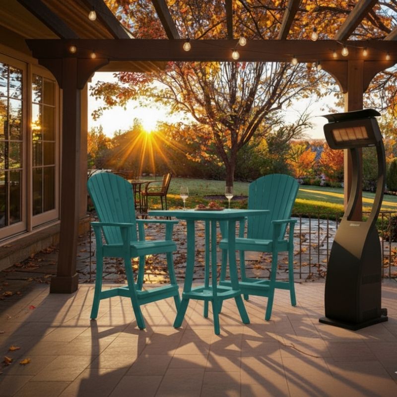 Outdoor setting of Aruba Blue Bistro Set Comfort Bundle on a deck during sunset.