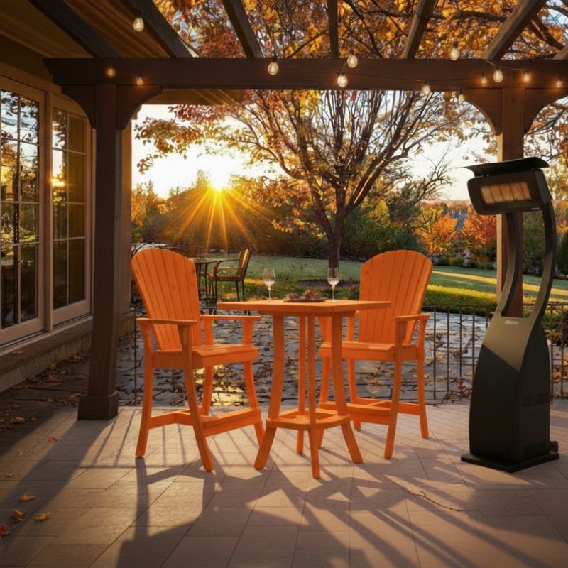 Outdoor setting of Orange Bistro Set Comfort Bundle on a deck during sunset.