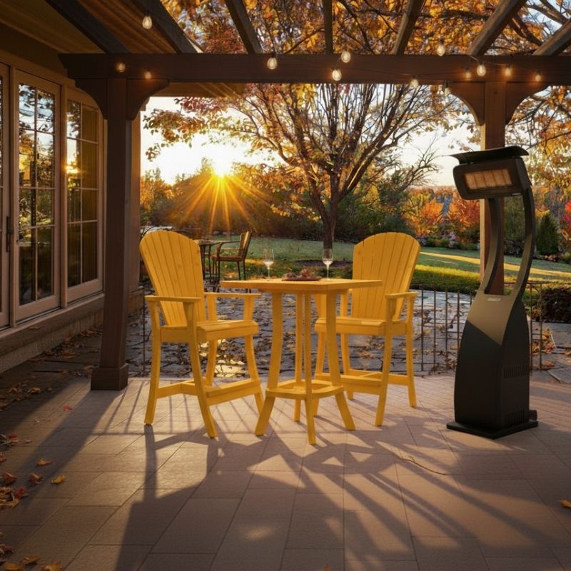 Outdoor setting of Yellow Bistro Set Comfort Bundle on a deck during sunset.