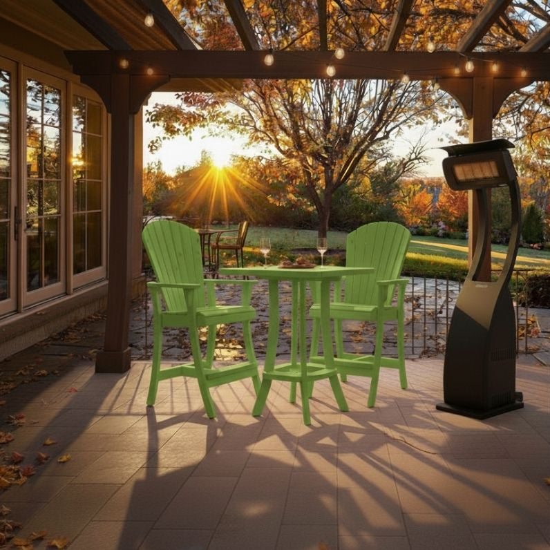 Outdoor setting of Lime Green Bistro Set Comfort Bundle on a deck during sunset.