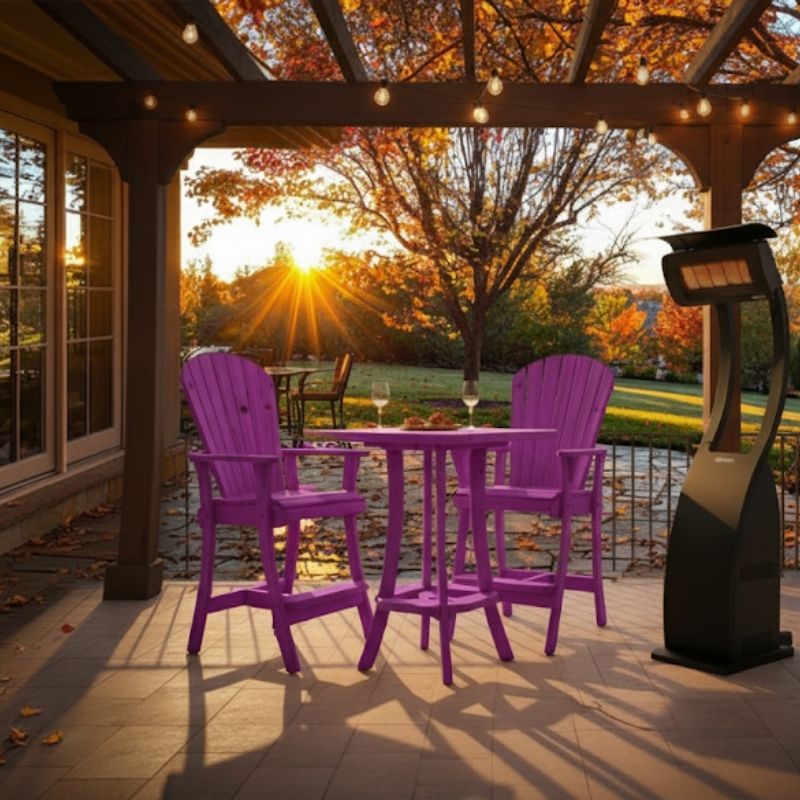 Outdoor setting of Purple Bistro Set Comfort Bundle on a deck during sunset.