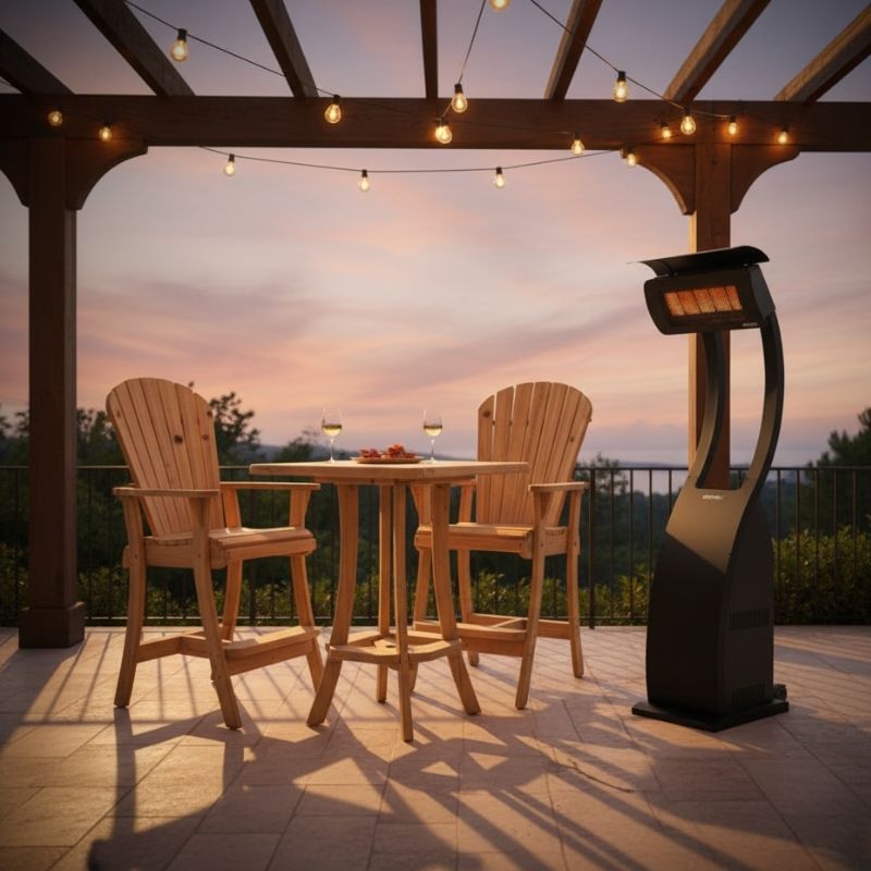 Bar height bistro set for 2 with 30" pedestal table, inluding a Bromic Tungsten Portable Gas Heater