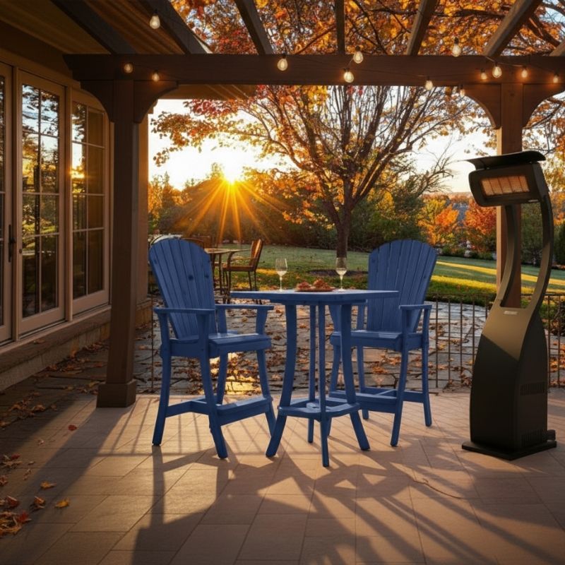 Outdoor setting of Blue Bistro Set Comfort Bundle on a deck during sunset.