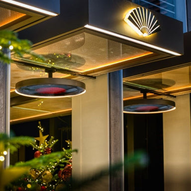 Modern outdoor setting with decorative elements at night