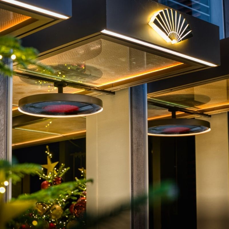 Modern outdoor setting with decorative elements at night