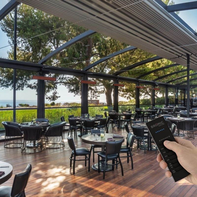 Indoor dining area with outdoor view, person holding a remote control