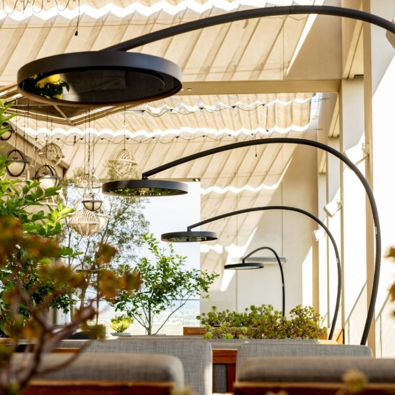 Patio with hanging lights and greenery