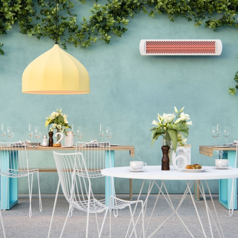 Tungsten Electric Heater, Matte White Colour mounted on Exterior wall of Restaurant Patio