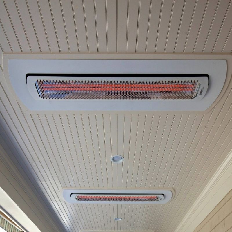 Ceiling-mounted outdoor heater on a wooden deck 