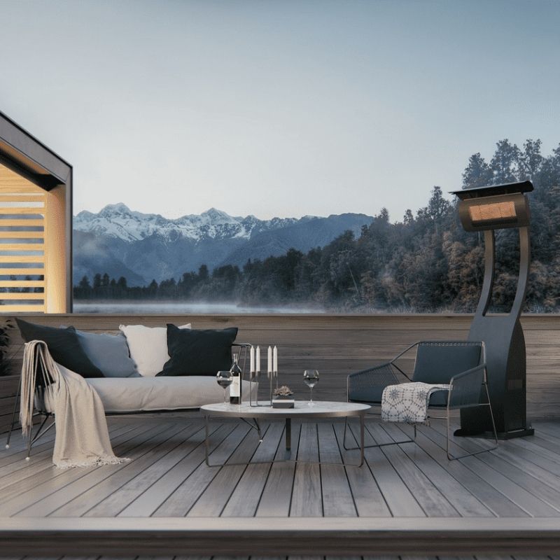 Bromic Tungsten Deck Heater in beautiful mountain setting patio