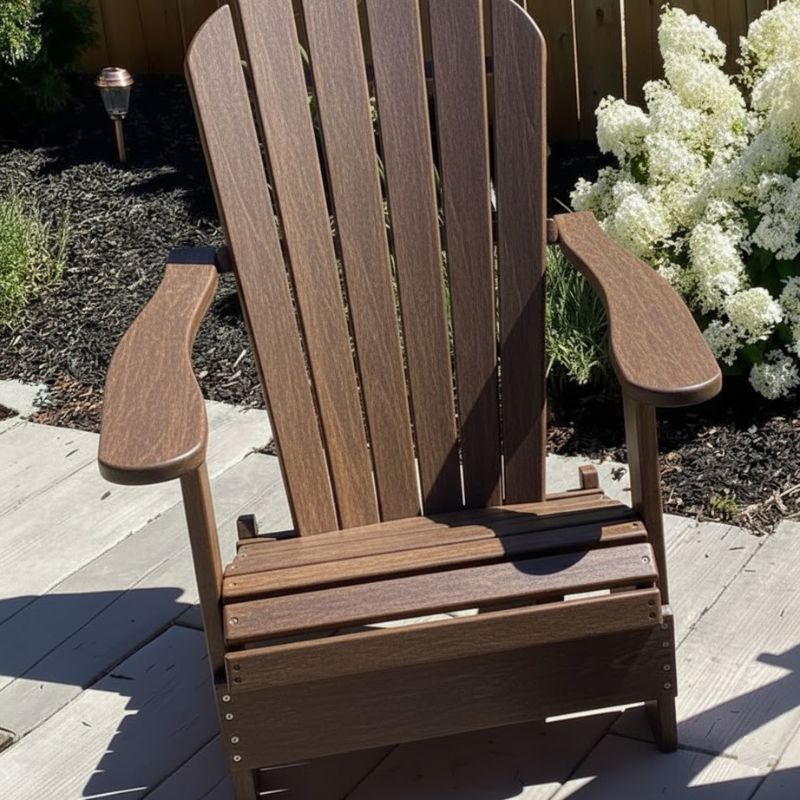 Classic Adirondack Chair (Standard) on a patio with flowers in the background - poly luxe - woodgrain brazilian walnut