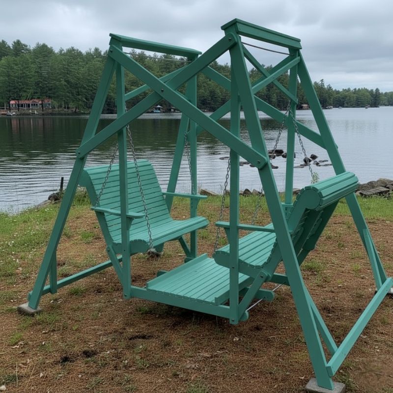 Aruba blue Classic Garden Swing set by a lake with trees in the background