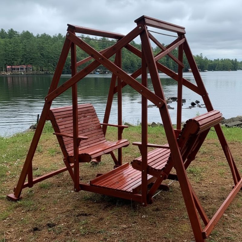 Classic Garden Swing set by a lake with trees in the background - knotted cedar - mahogany glossy