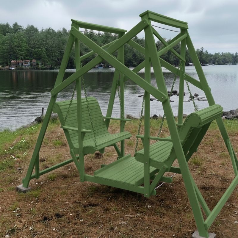 Turf green Classic Garden Swing set by a lake on a cloudy day