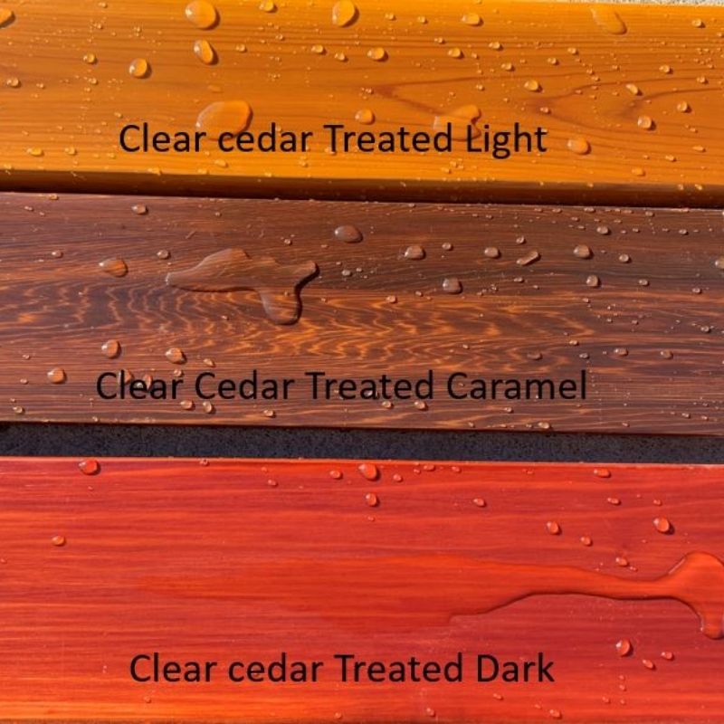 Three types of clear cedar treated wood with different colors and finishes.