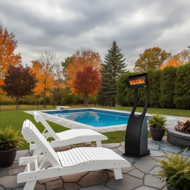 Outdoor patio with pool, white lounge chairs, and a heater in a garden setting with autumn trees.
