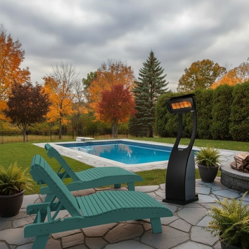 Two aruba blue Lounge chairs by a pool with a patio heater on a cloudy day.
