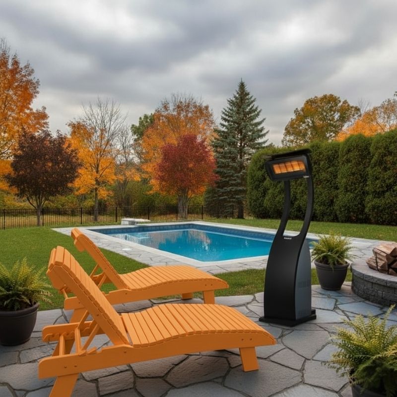 Outdoor patio with orange lounge chairs, pool heater, and autumn trees.