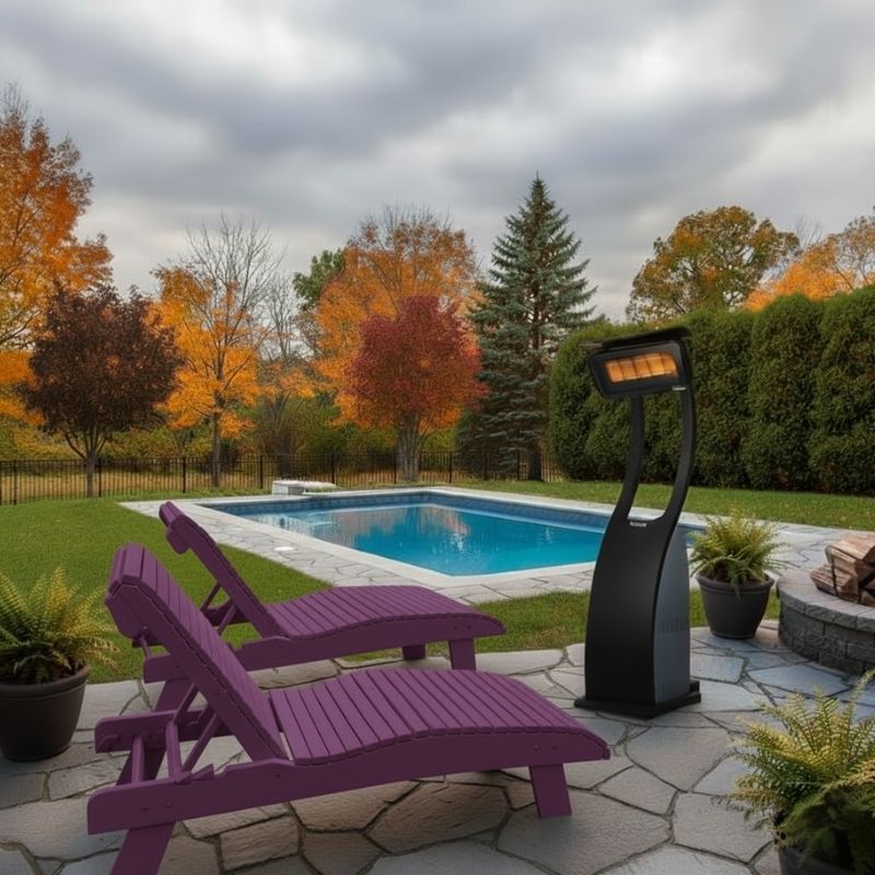 Purple lounge chairs by a pool with a patio heater on a cloudy day.