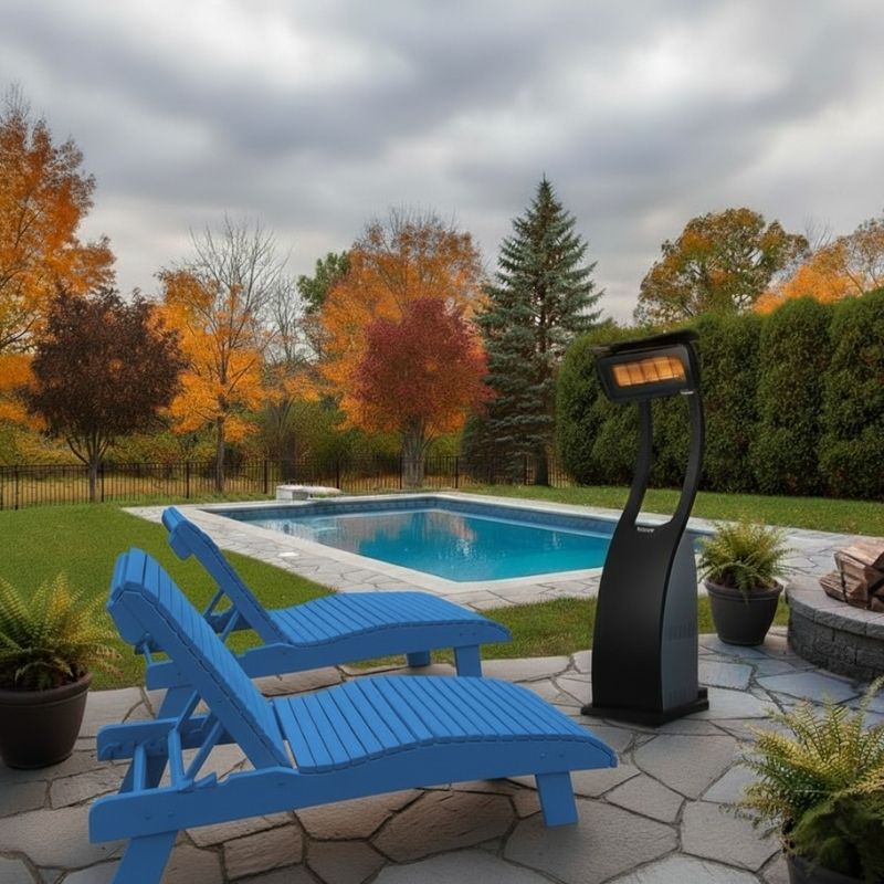 Outdoor patio with blue lounge chairs, fire pit, and pool heater in a backyard setting.