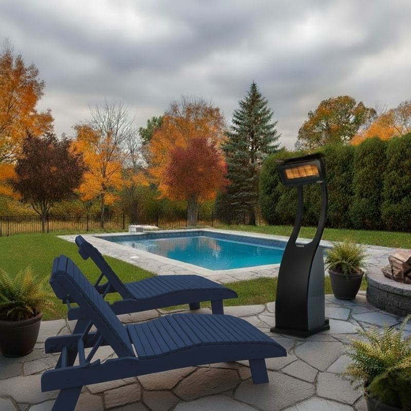 Outdoor patio with pool, patriot blue lounge chairs, and patio heater in a backyard setting with autumn trees.