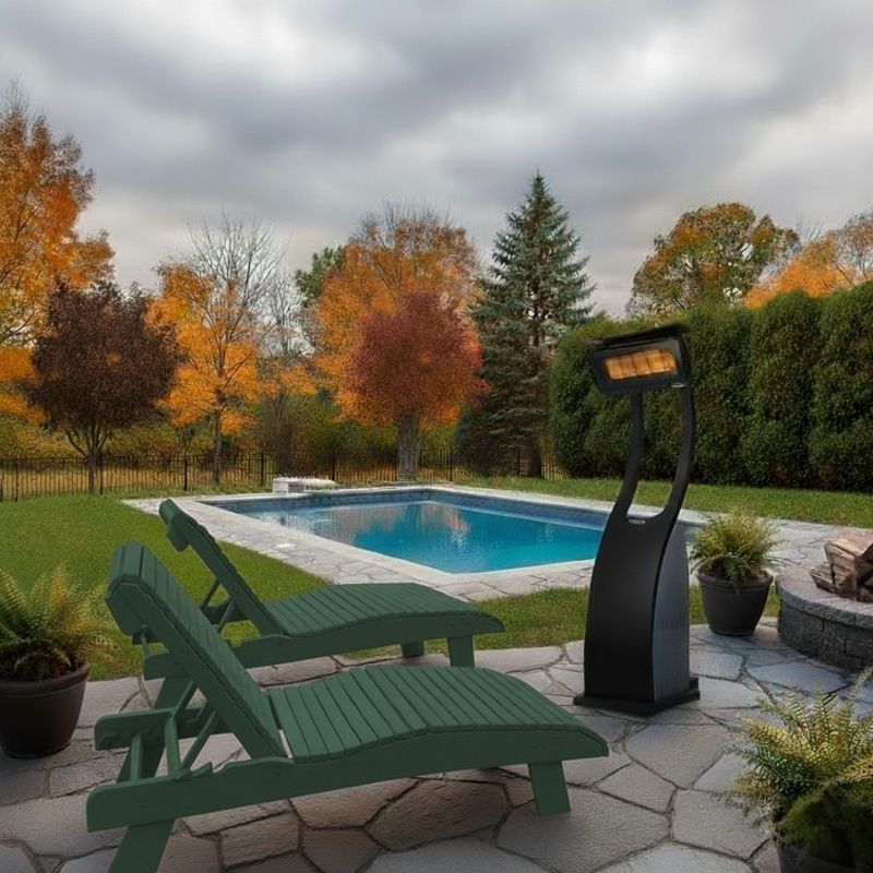 Outdoor patio with turf green lounge chairs, pool heater, and autumn trees.
