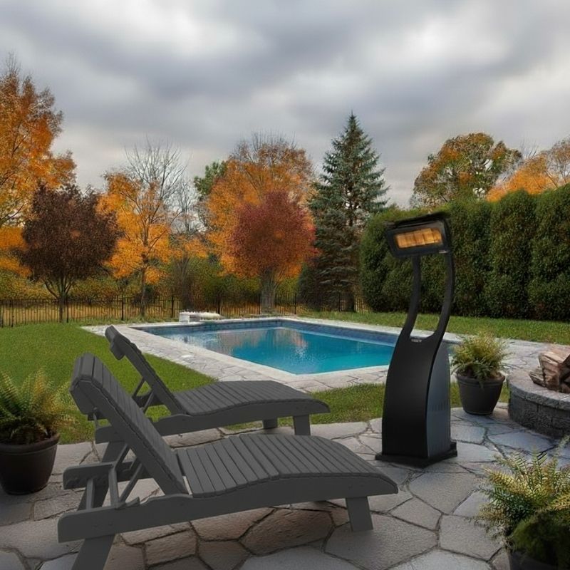 Outdoor patio with dark grey lounge chairs, pool heater, and fire pit in a backyard setting.