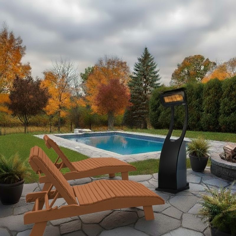 Outdoor patio with cedar lounge chairs, pool heater, and autumn trees