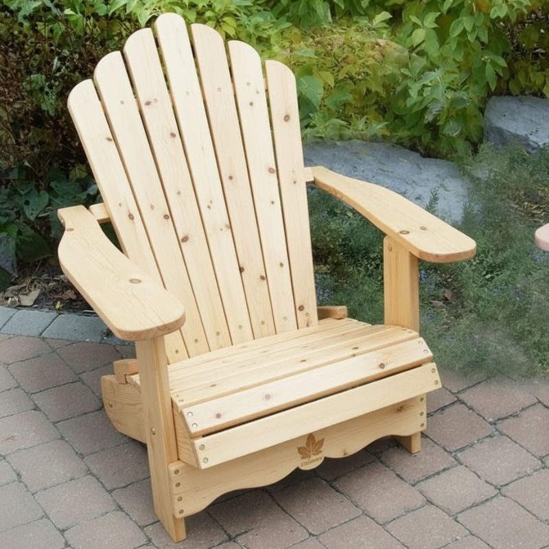 Wooden Adirondack chair on a patio with greenery in the background -scallop back