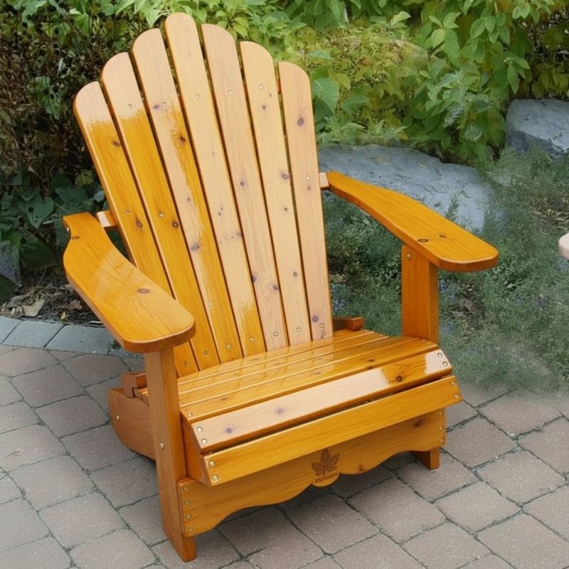 Wooden Adirondack chair on a patio with greenery in the background - scallop back  golden glossy - knotted cedar