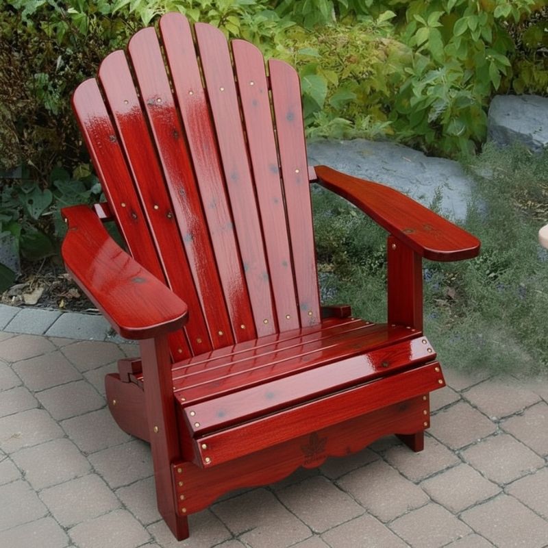 Wooden Adirondack chair on a patio with greenery in the background - scallop back  mahogany glossy - knotted cedar