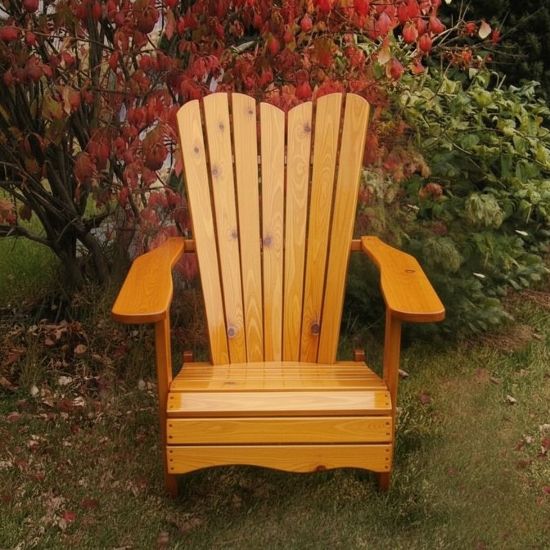 Wooden Adirondack chair on a patio with greenery in the background - wave back  golden glossy - knotted cedar
