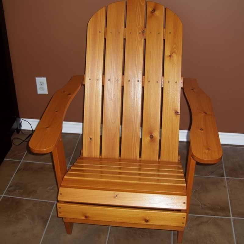 Wooden Adirondack chair on a patio with greenery in the background - flat back  golden glossy - knotted cedar