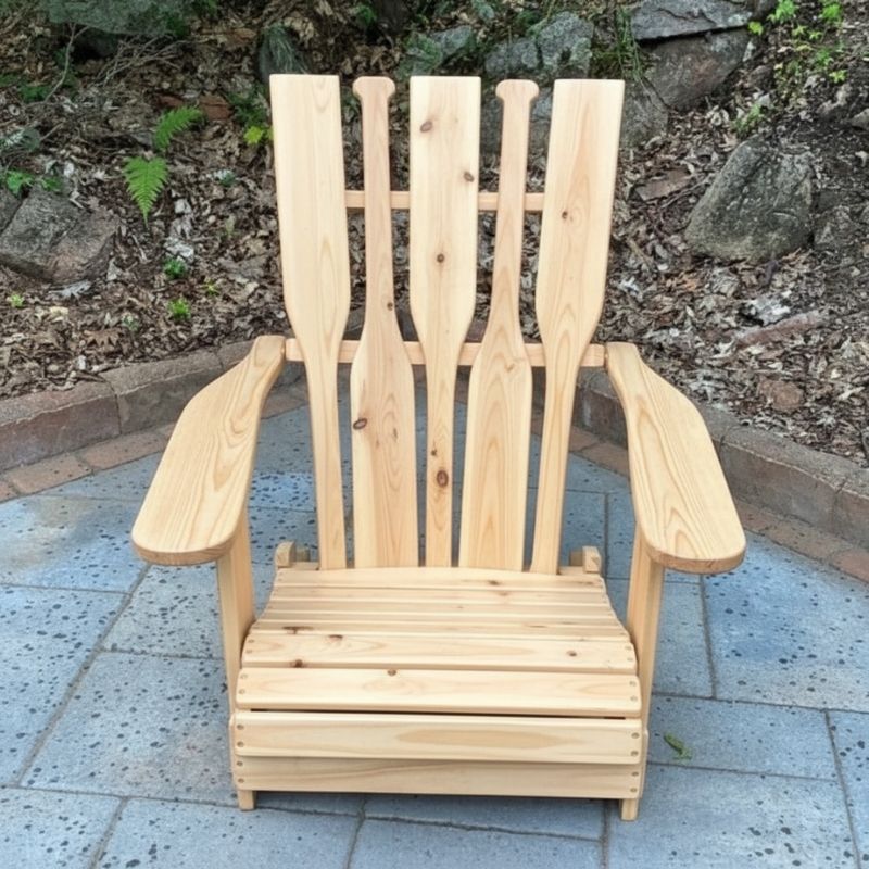 Wooden Adirondack chair on a patio with greenery in the background - puddle back