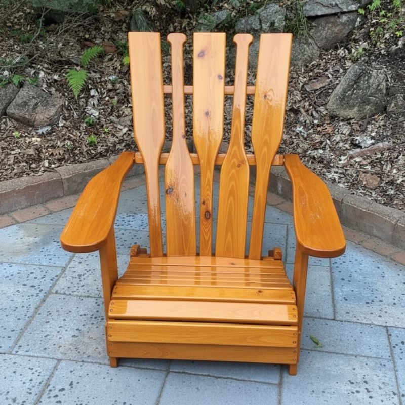 Wooden Adirondack chair on a patio with greenery in the background - pddle back  golden glossy - knotted cedar