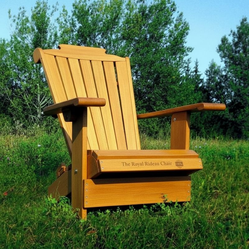Wooden Adirondack chair on a patio with greenery in the background - golden glossy - clear cedar